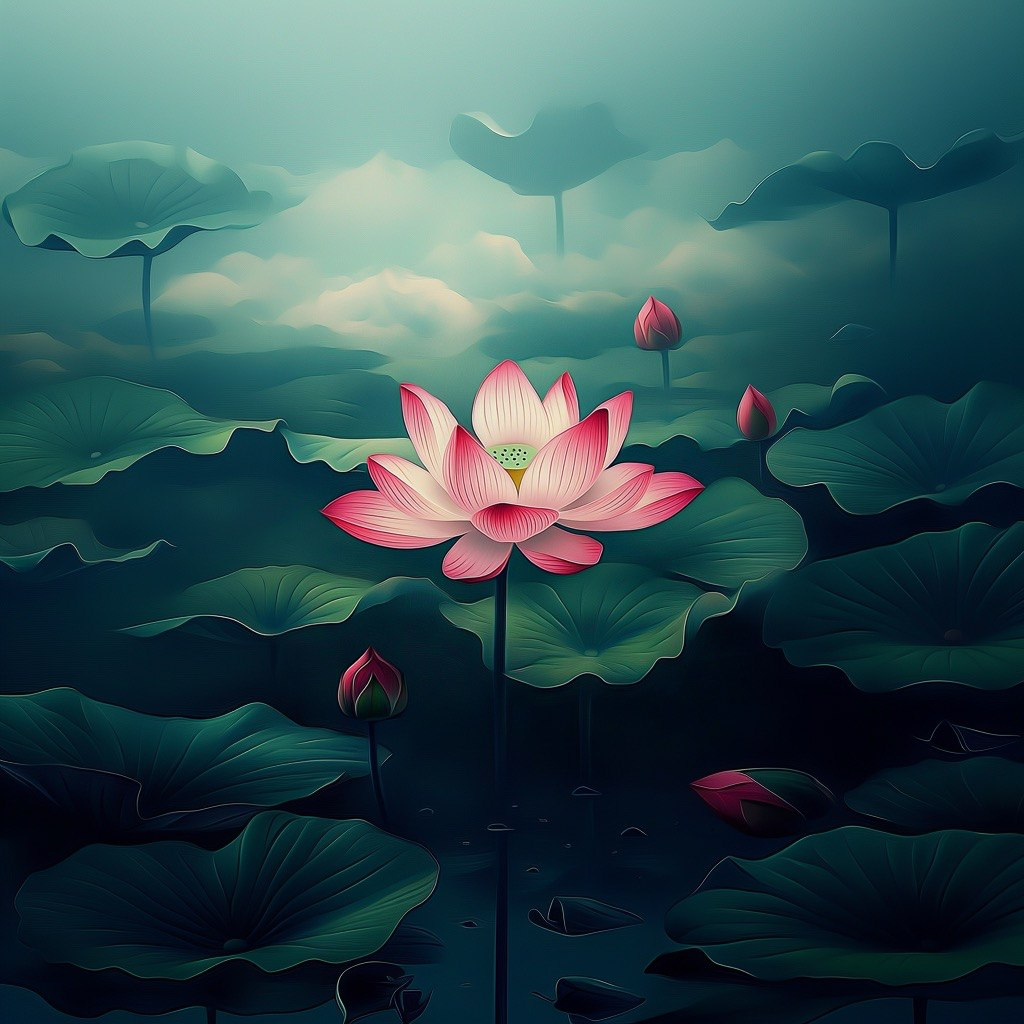 Lotus flower blooming among leaves in a misty teal pond