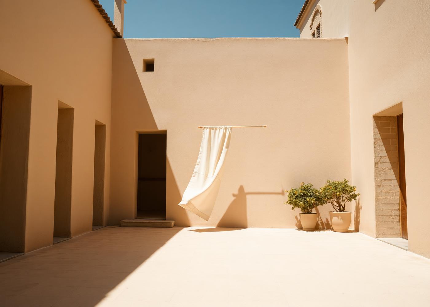 Sunlit Mediterranean courtyard with linen curtain