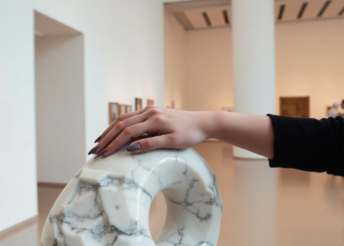 Hand resting on marble sculpture in a gallery
